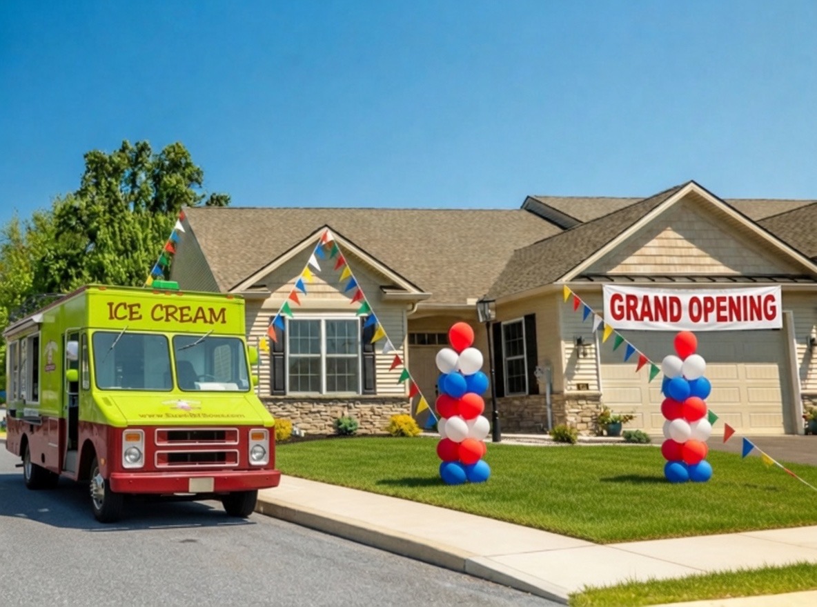 Grand Opening event at Stone Hill North featuring decorated model home, balloon displays, and Sweet Willows ice cream truck parked outside luxury villa community.